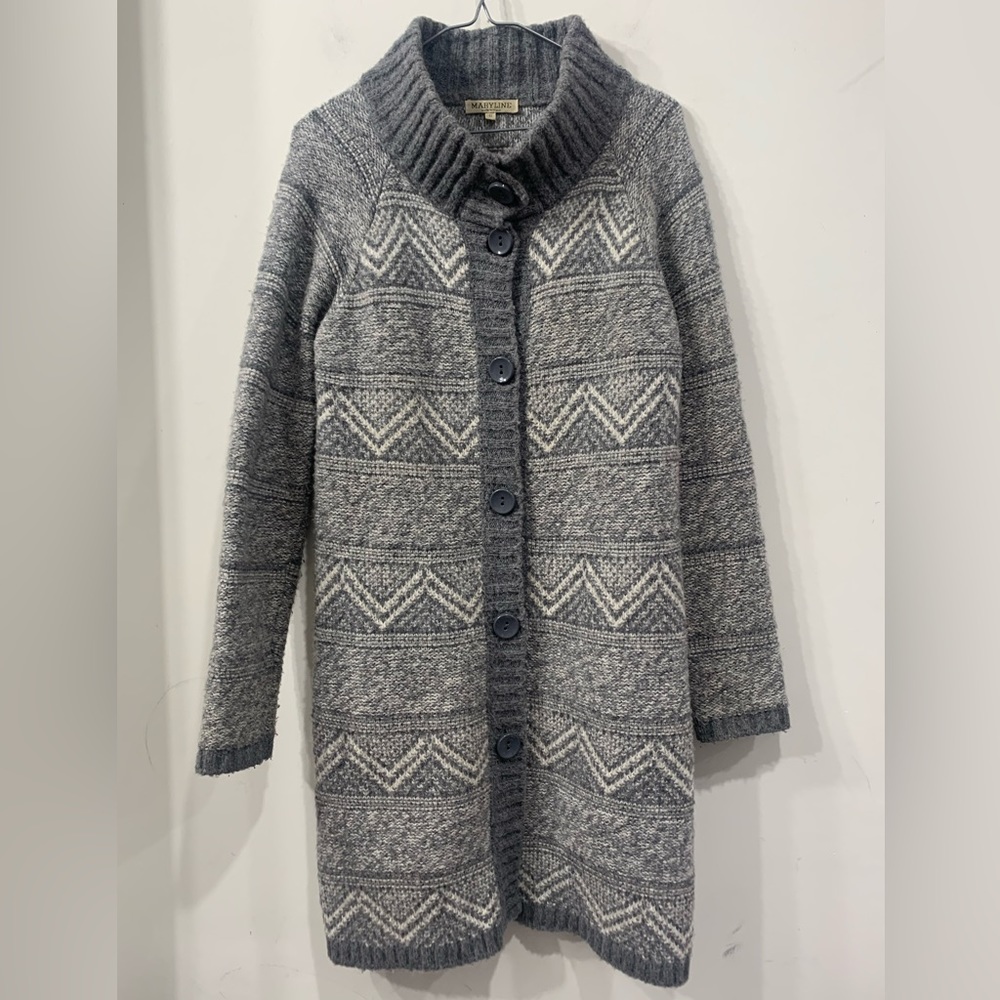 Maryline Made in Italy Wool Blend Long Cardigan Grey/ White Pattern Oversized S